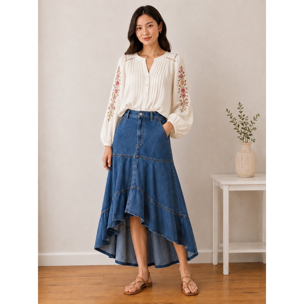 Risen Jeans Blue Denim High Low Tiered Ruffle Maxi Skirt RDS6280 Large